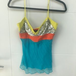 BCBGMaxAzria Neon Colorblock Silk Sequin Tank